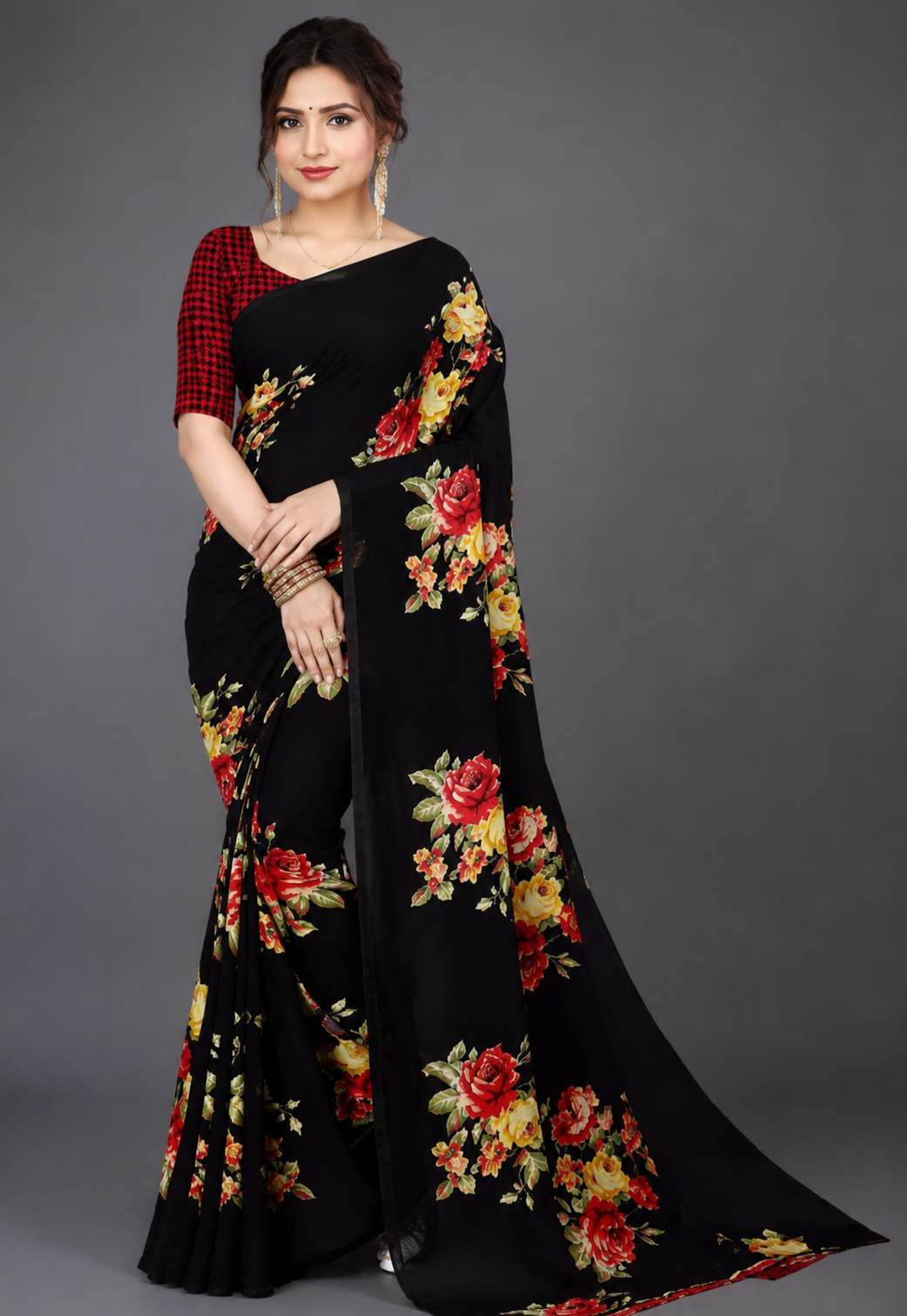 Georgette Floral Printed Saree with Blouse Piece (88% off)