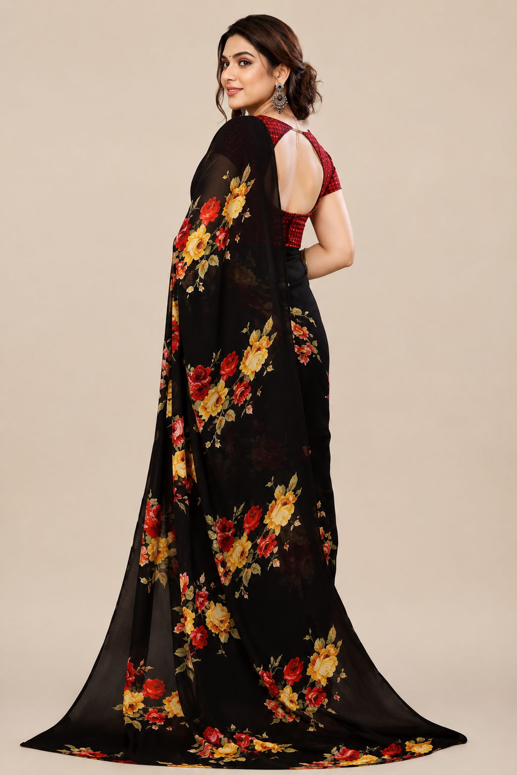 Georgette Floral Printed Saree with Blouse Piece (88% off) - Image 3