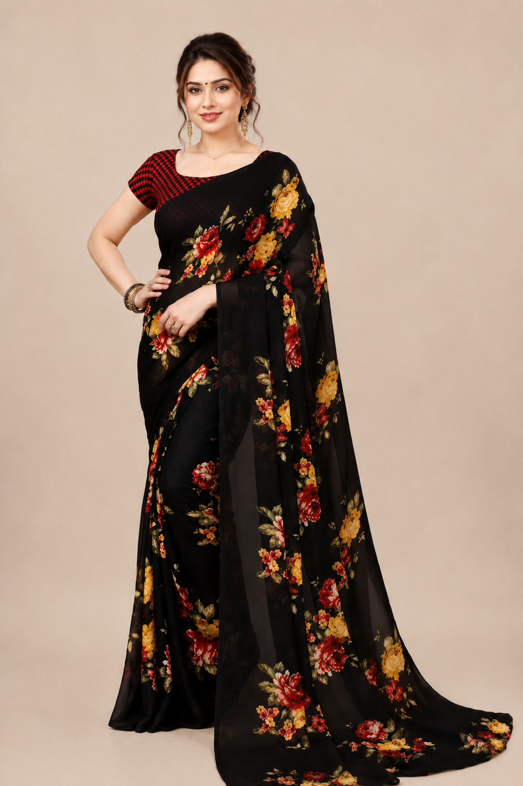 Georgette Floral Printed Saree with Blouse Piece (88% off) - Image 4